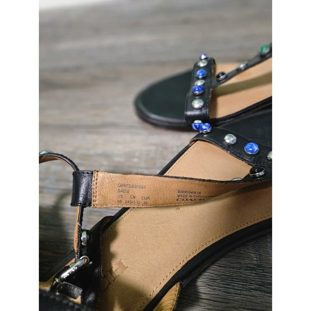 Coach Women's Sadie Leather‎ Embellished T-Strap Black Sandals